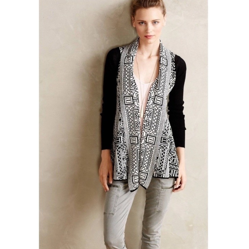 Anthropologie Field Flower‎ Geometric Cardigan Sweater Womens XS Black White